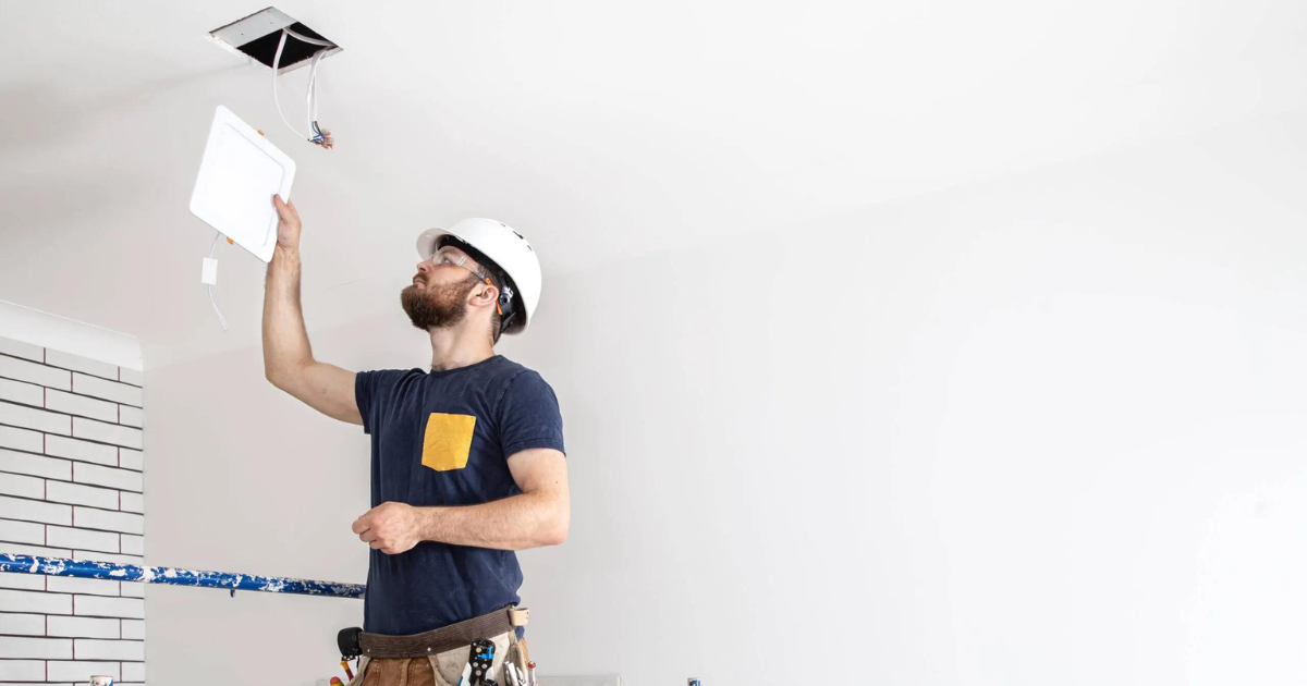 Electrician Builder at work, installation of lamps at height. Professional in overalls with an electrical tool. On the background of the repair site.