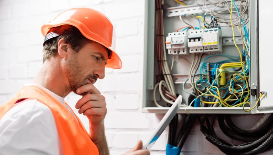 side-view-of-pensive-electrician-holding-clipboard-residential electrical experts!